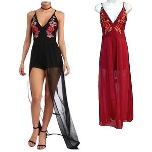 Privy Floral Embroidered Plunge Neck Maxi Skirt Romper Red Formal Sexy Evening